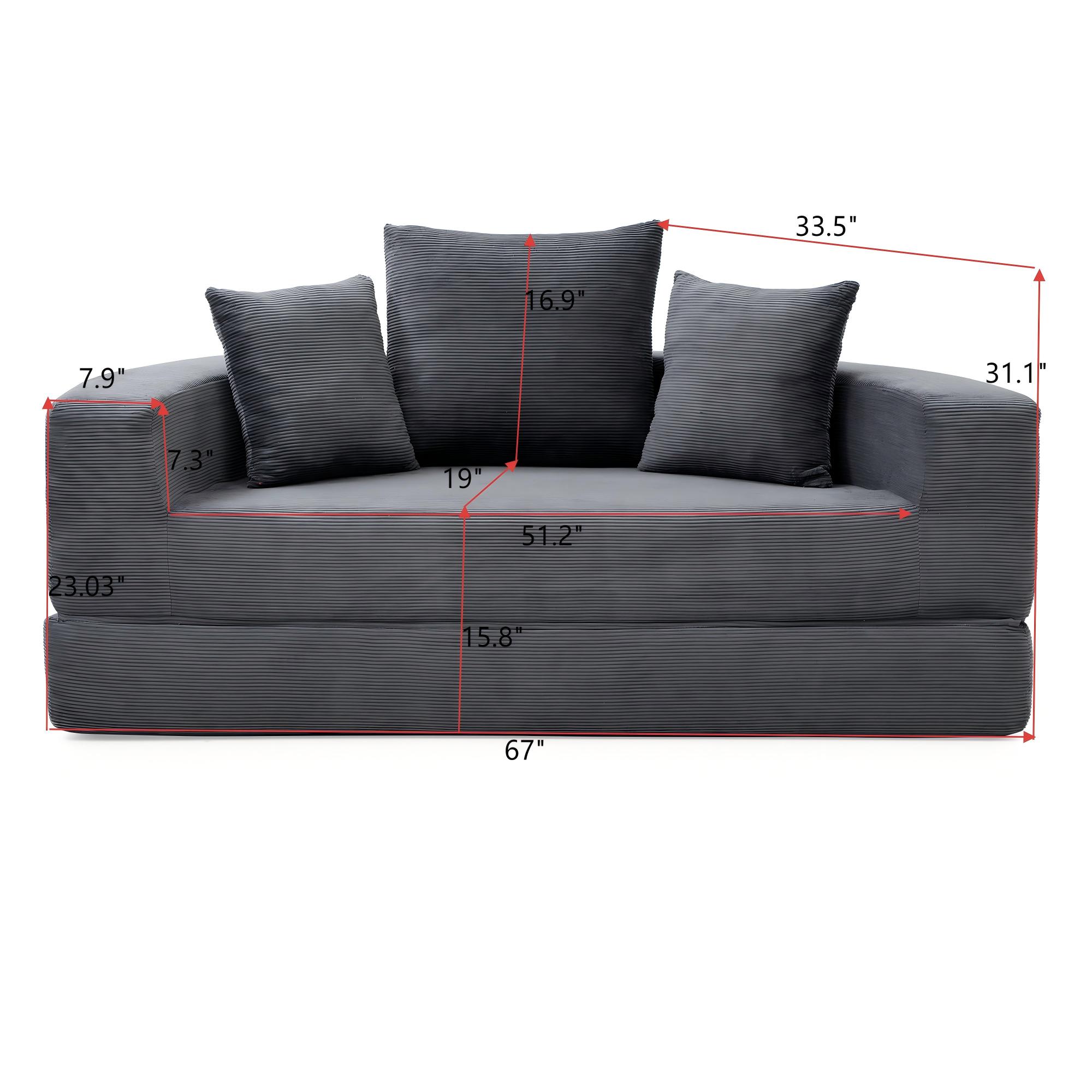Miniyam 67" X 67" Convertible Sofa Corduroy Couch Bed For Apartment, Adjustable Futon Sofa No Assembly Compressed Sofa, Gray