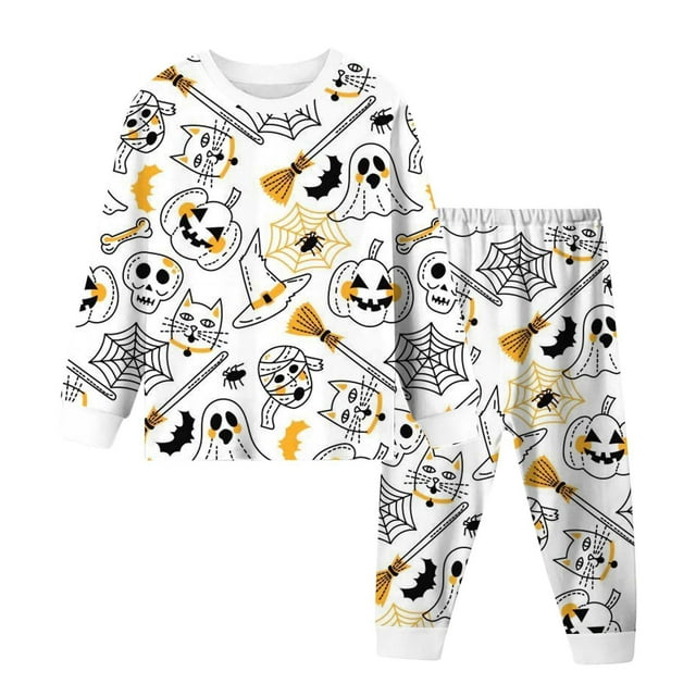 TIWEKE Pyjama Garçons & Robes Ensemble de Pyjama Halloween Confortable Manches Longues Col Rond Vêtements de Détente pour Garçons Filles Imprimé Rayures pour 8-9 Ans
