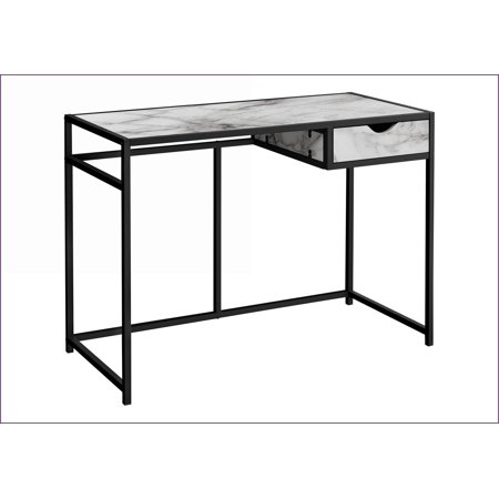 Desks: 42” Contemporary Home Office Computer Desk with Storage Drawer White Marble-Look Laminate Black Metal | White | MDF