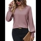 thumbnail image 2 of Camisa Informal Sencilla de Larga con Cuello en V para Mujer, Color Liso, Plisada, con Mangas Farol Rosa M, 2 of 9