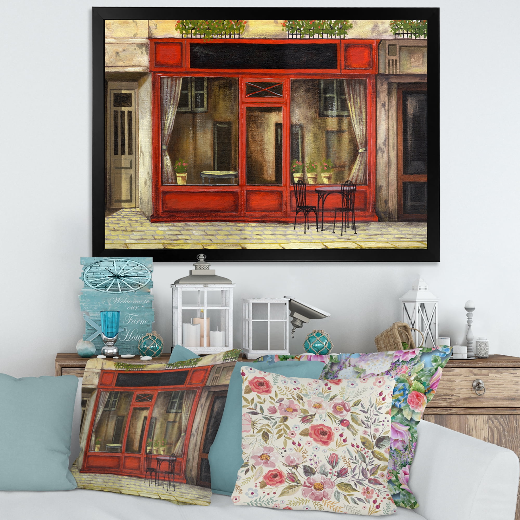 Red Facade of Charming Shop In Paris Street I 20 in x 12 in Framed Painting Canvas Art Print, by Designart