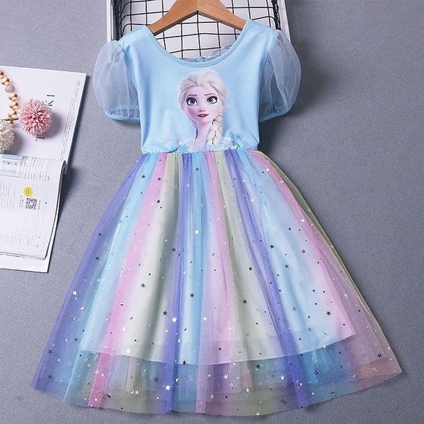 Ropa para niñas pequeñas, vestido de fiesta de cumpleaños, nuevo estilo, vestido con patrón de Elsa de dibujos animados, vestido de tutú de malla con mangas abullonadas y lazo blanco 1-7Y3T Gao Jinjia LED
