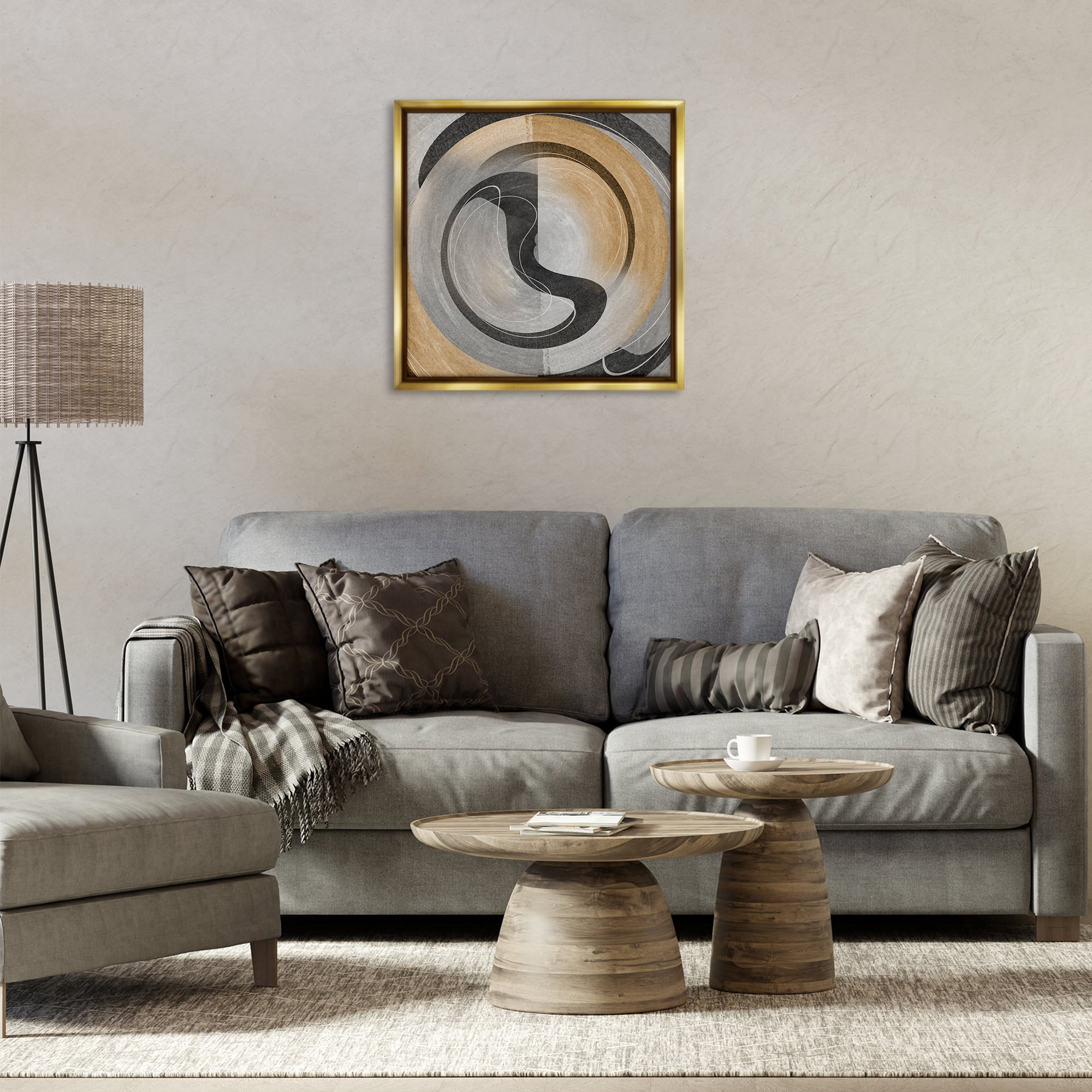 Stupell Industries Centric Circular Swoop Abstract Painting Gold Floater Framed Canvas Art Print Wall Art, 25 x 25