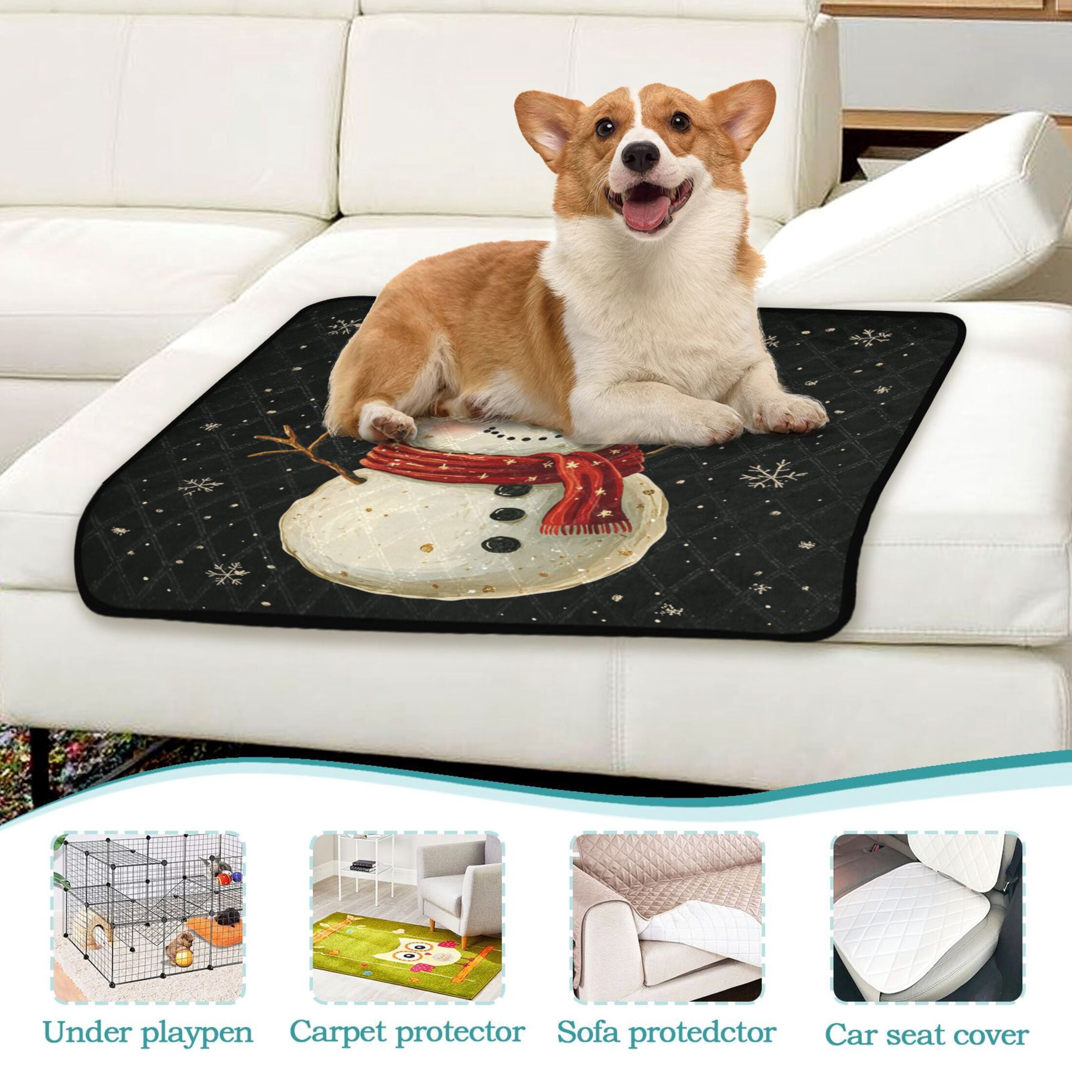 Qxltty Snowman Wearing Red Hat on Black Background Cat litter Pads Pet Set of 3 Diaper Mats Center Anti-leakage Layer Absorbent Soft and Comfortable
