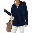 thumbnail image 1 of Women'S Long Sleeve Quarter Zip Pullover Sweater Casual Loose V Neck Collared Ribbed Knit Tops Dark Blue L, 1 of 8