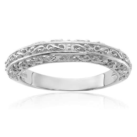 14K Solid White Gold 3mm Antique Filigree Wedding Band Ring