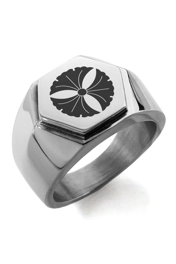 Stainless Steel Tree Ginkgo Leaves Kamon Crest Engraved Hexagon Crest Flat Top Biker Style Polished Ring