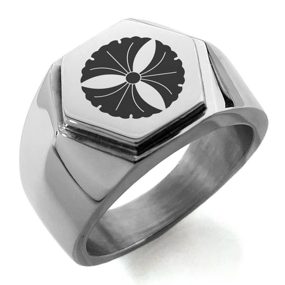 Stainless Steel Tree Ginkgo Leaves Kamon Crest Engraved Hexagon Crest Flat Top Biker Style Polished Ring