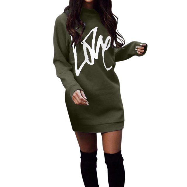 Vestido de jersey de manga larga y color liso para mujer, talla grande, para Navidad - Vestido informal de poliéster con cuello redondo para otoño-invierno
