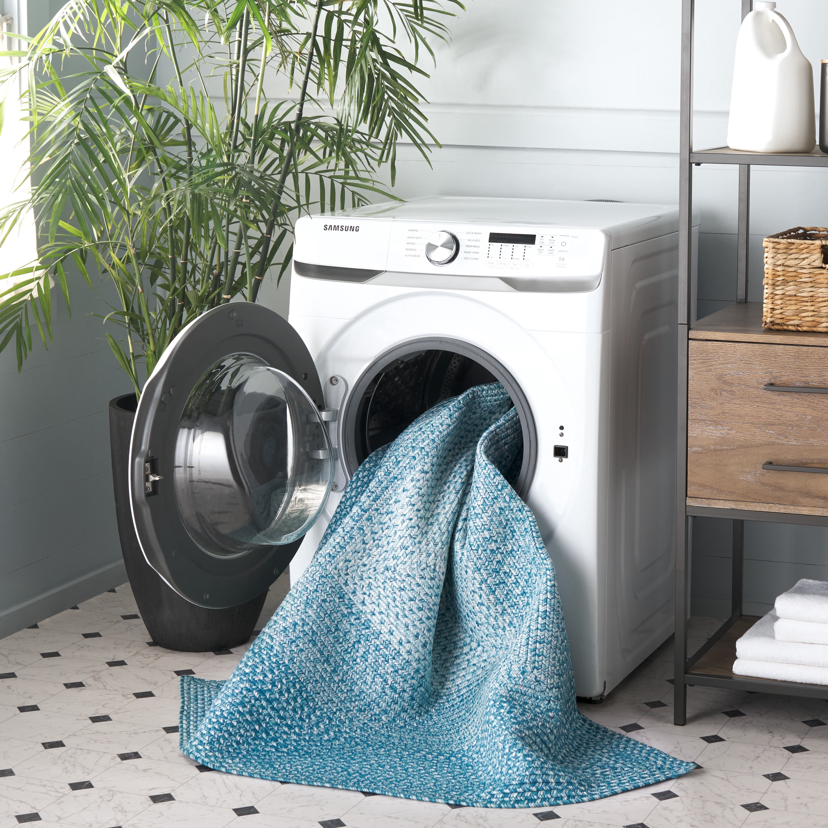 SAFAVIEH Braided Evangeline Bordered Machine Washable Reversible Area Rug, Aqua, 6' x 9' Oval