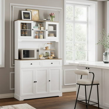 Homfa 71'' Kitchen Pantry with Microwave Stand & 2 Drawers, Modern White 5 Doors Large Storage Cabinet with Adjustable Shelves for Dining Room