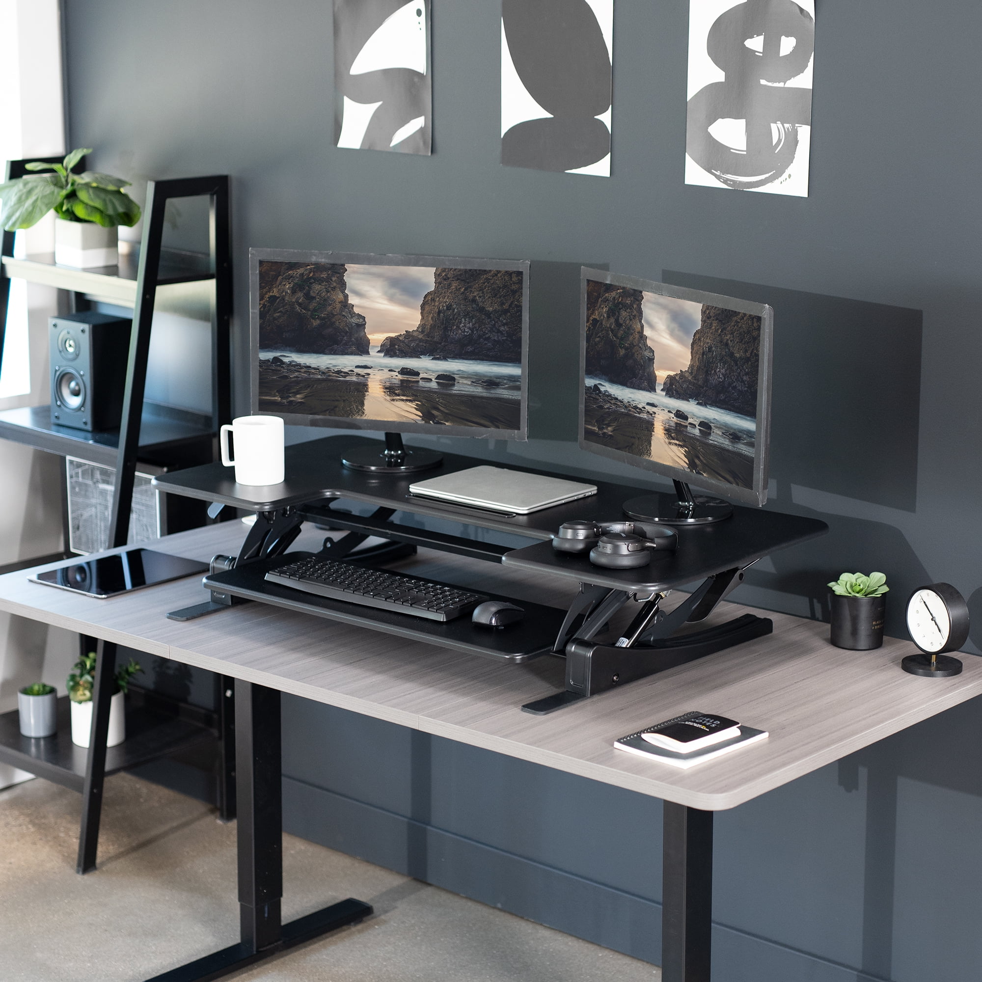 VIVO Black 48" Height Adjustable Standing Desk Monitor Riser, Sit Stand Tabletop