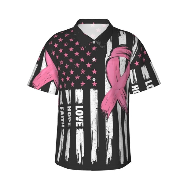 Balery Ribbon Breast Cancer Awareness Camisas hawaianas de manga corta para hombre, camisas playeras de corte holgado, camisas de vacaciones con botones,Small