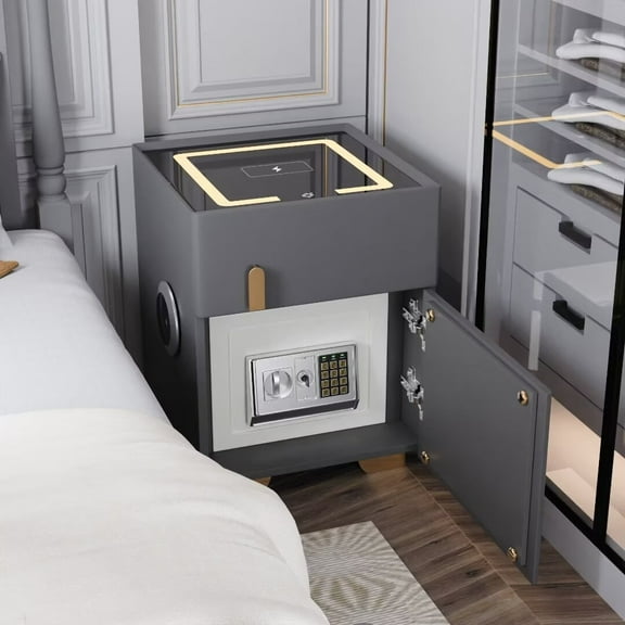 FINE MAKER Smart Nightstand Two Drawer Bedroom Nightstand with Wireless Charging Three Color LED Lighted Nightstand with USB Charging with Hidden Safe