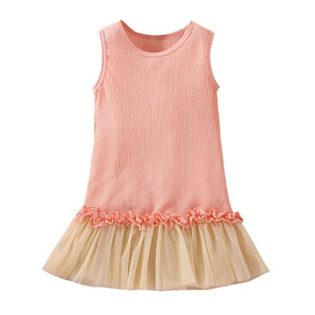 

YWDJ 3-24Months Girl Dresses Toddler Kids Fashion Cute Solid Color Sleeveless Mesh Ruffles Princess Dress Pink 18-24 Months
