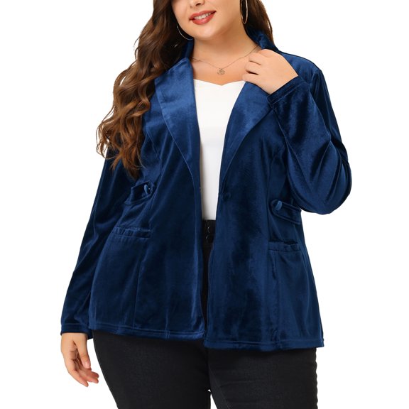 Unique Bargains Women's Plus Size Velvet V Neck Button Notched Lapel Peplum Blazer