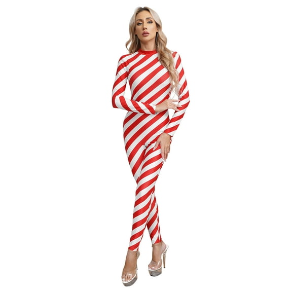 YIZYIF Womens Candy Cane Christmas Costume Stripes Long Sleeve Gymnastics Leotard Mock Neck Skinny Figure Ice Skating Unitard Jumpsuit Red 3XL
