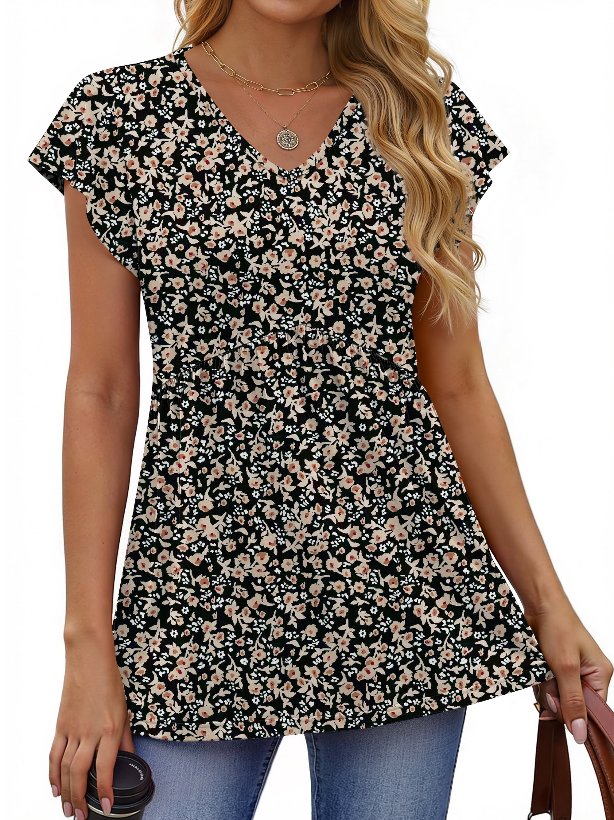 Fantaslook Womens Tops V Neck Short Sleeve Summer Shirts Babydoll Peplum Tops Tunic Dressy Casual Blouses