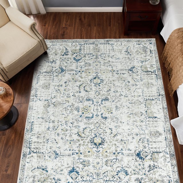 RUGKING Area Rug 6x9 Blue Multi Vintage Rug Flodable Thin Rug Retro Distressed Carpet Floral Print Boho Rug for Kitchen Bedroom Living Room Dining Room