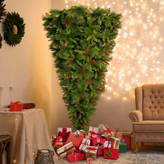 GO 7.4 ft Upside Down Green Christmas Tree Hinged Spruce Full Tree with Red Artificial Berries