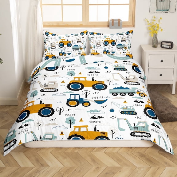 Car Bedding Set Construction Comforter Cover Truck Equipment Duvet Cover Excavator Tractor Quilt Cover Teens Room Decor(No Comforter)