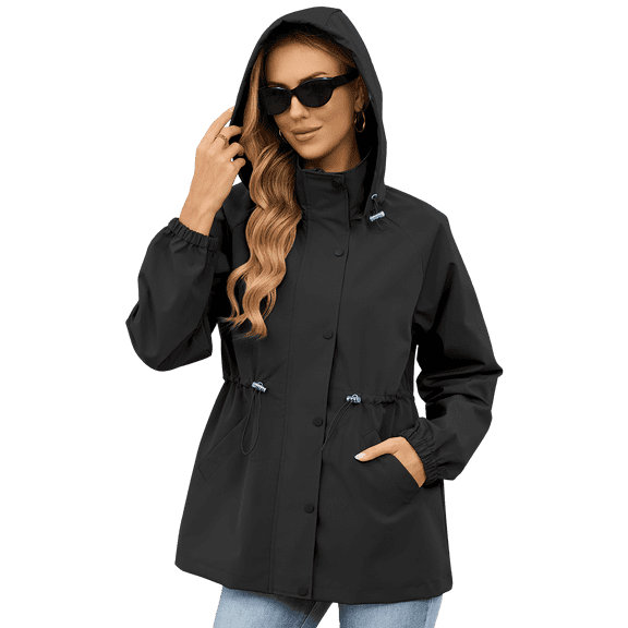 American Trends Womens Rain Jacket Waterproof with Hood Lightweight Windbreaker Adjustable Waist Casual Trench Raincoat for Travel Hiking Black L