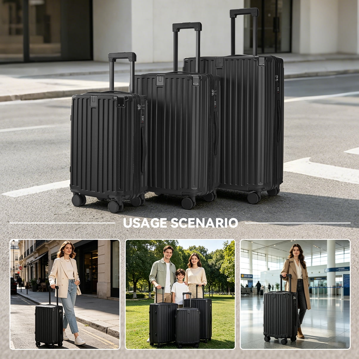 PC+ABS 3-Piece Business Luggage Set with USB Lock, 20"/24"/28" Spinner Suitcases, Silent Wheels, Mature Business Design for Professional Travelers