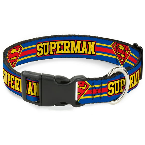 DC Comics Pet Collar, Dog Collar Plastic Buckle, Superman Shield Stripe Blue Yellow Red, 9.5 to 13 Inches 1.0 Inch Wide