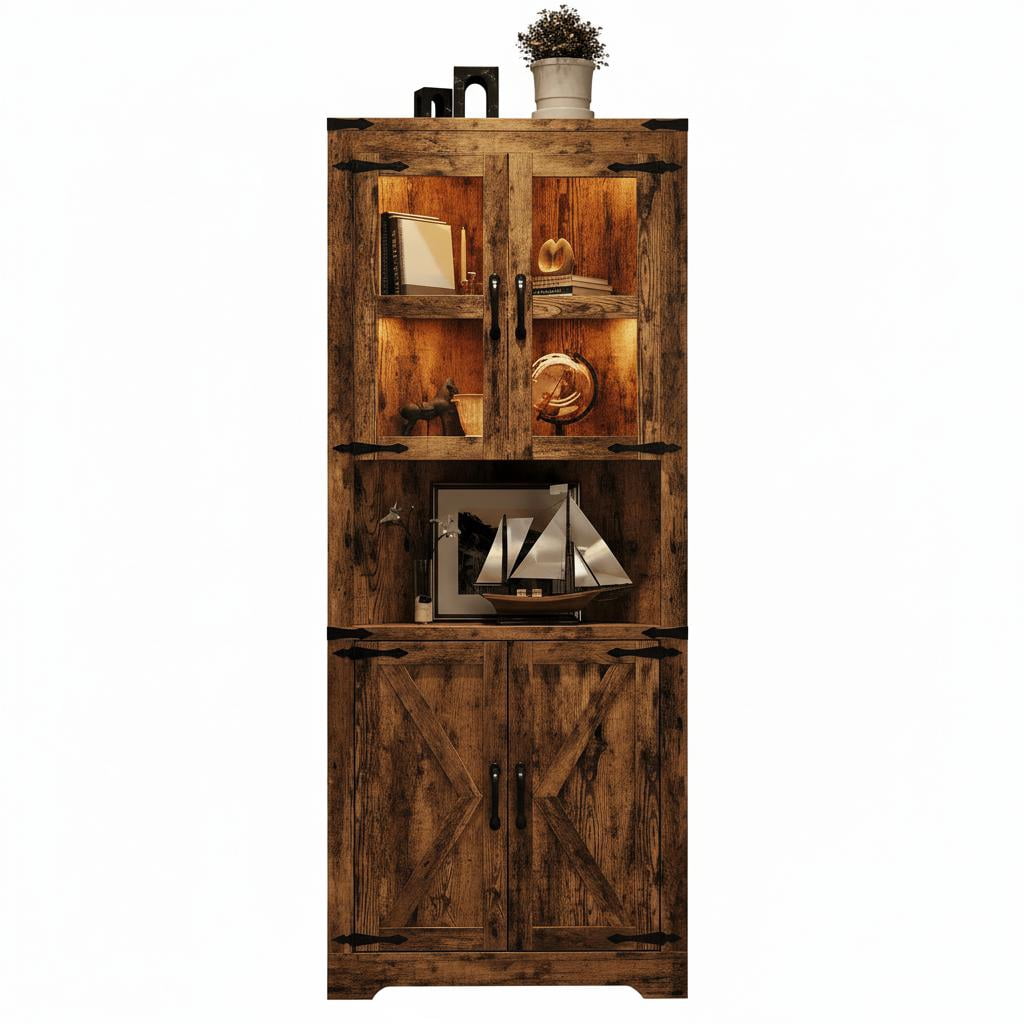 Corner Storage Cabinet with Glass Doors, Double-Door Corner Cabinet, Corner Cabinet with Shelves, Corner Cabinet with Light Strips-gray