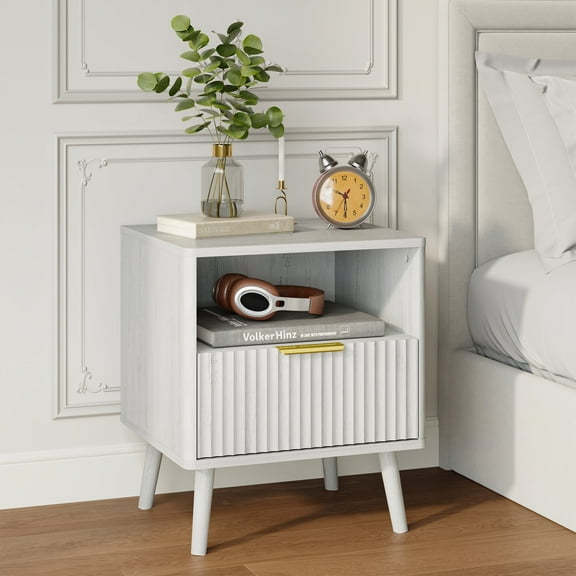 YouTrend Nightstand with Open Shelf,Beside Table with Fluted Design ,End Table with Solid Wood Legs for bedroom