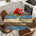 thumbnail image 2 of Blue Teal Brown Farmhouse Round Tablecloth 55-60 Inch Round Fitted Table Cloth with Elastic Edge, Vintage Retro Wooden Waterproof Table Cover Protector for Outdoor Picnic Party Dining, 2 of 6