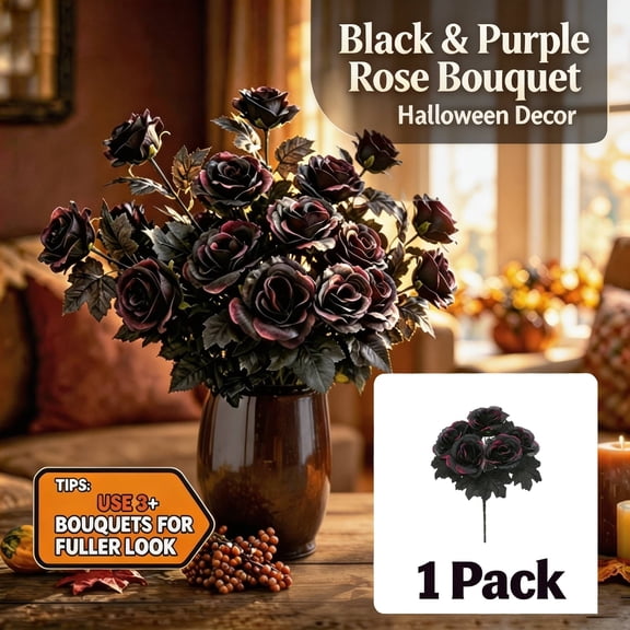 13.39" Black and Purple Roses Artificial Flowers Bouquet, 1 Bouquet Gothic Fake Silk Flowers with Maple Leaves for Halloween Table Decor, Home Party, by Zovey