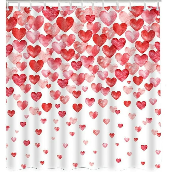 Pink Red Hearts Shower Curtain Falling Hearts Valentines Day Waterproof Shower Curtains For Bathroom With 12 Grommet Hooks 54"W x 72"L (Pack of 1)