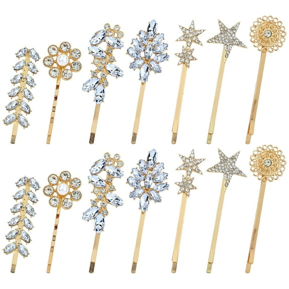 14 Pieces Decorative Glitter Rhinestone Crystal Pearl Flower Leaf Star Gold Metal Hair Clips Barrettes Hair Bobby Pins Headpieces Accessories for Women Girls Teens Kids