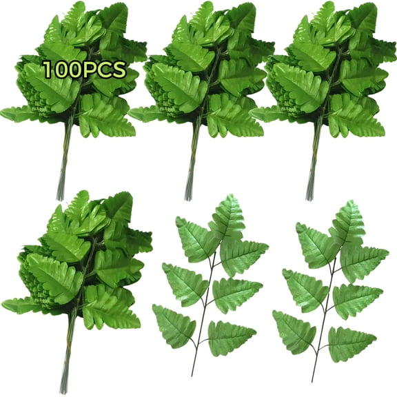 100 Pcs Artificial Fern Leaves, 7-Branch Persian Fern, Deep Green, Plastic & Polyester, Flexible and Waterproof for Home, Garden, and Party Decoration