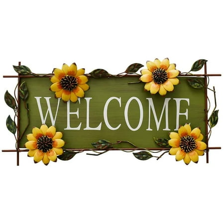 Vintage Sunflower Decor Welcome Sign for Front Door, Garden Themed Welcome Door Sign Hanging Metal Welcome Wall Plaque Home Garden Decor