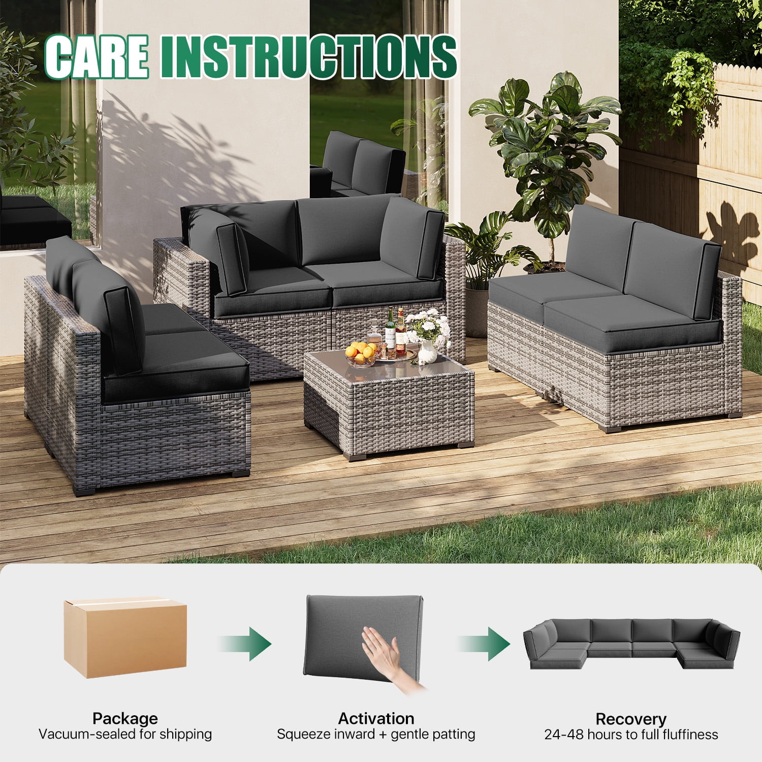 Clouddwell 14-Piece Outdoor Cushion Set for 6-Seat Wicker Sectional - Waterproof, High-Resilience Foam (Dark Gray)