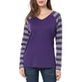 thumbnail image 2 of MODA NOVA Junior's Striped Raglan Long Sleeves V Neck Tee Shirt Purple S, 2 of 6