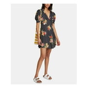 FREE PEOPLE Womens Black Zippered Floral Short Sleeve V Neck Above The Knee Fit + Flare Dress 0