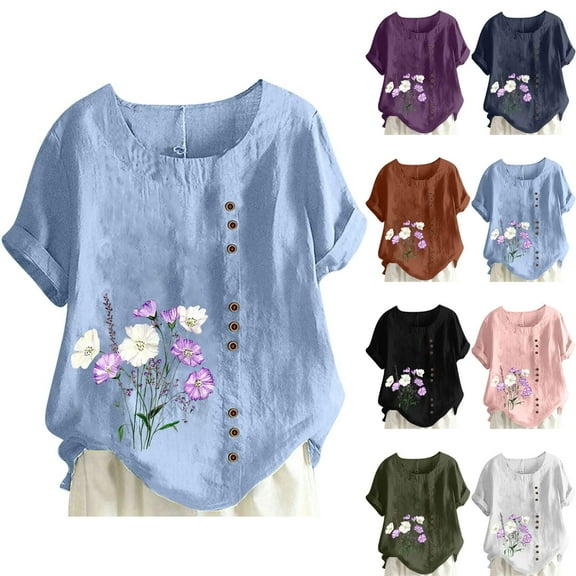 DDAPJ pyju Women's Plus Size Linen Tops Floral Print Casual Summer Short Sleeve Blouses Oversized Crew Neck Tshirt Sales of Today Black XXXL