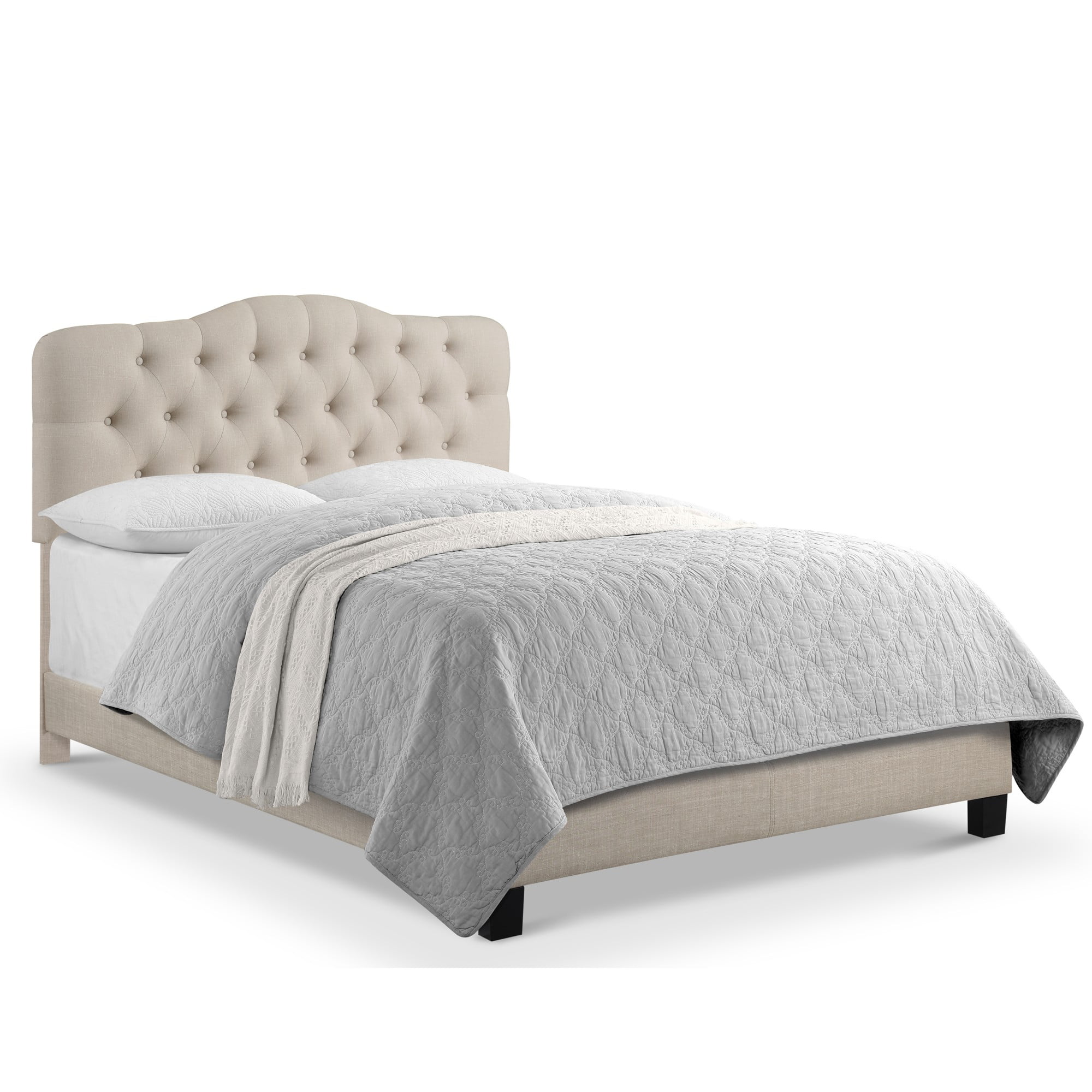 Gewnee Beige King Platform Bed,Linen Fabric Padded Headboard,Solid Wood Slat Support & Sturdy Construction,Ideal for Bedroom,Box Spring Required