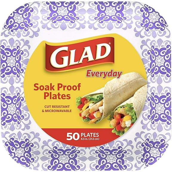Glad Square Disposable Paper Plates - Soak Proof, Microwave Safe - 50 Count, 8.5", Purple