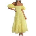 thumbnail image 1 of Vestido corto de mujer con hombros descubiertos y mangas abullonadas, corte A, bajo con volantes, tejido de poliéster, tallas S-XXL, perfecto para fiestas de verano y vacaciones., 1 of 5