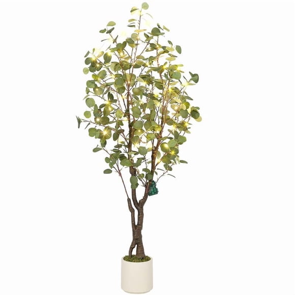 Ourlova Realistic Artificial Eucalyptus Tree with White Planter, Large Faux Floor Plant with Lights, Ideal for Home Office & Living Room Decor 5FT(with lights)