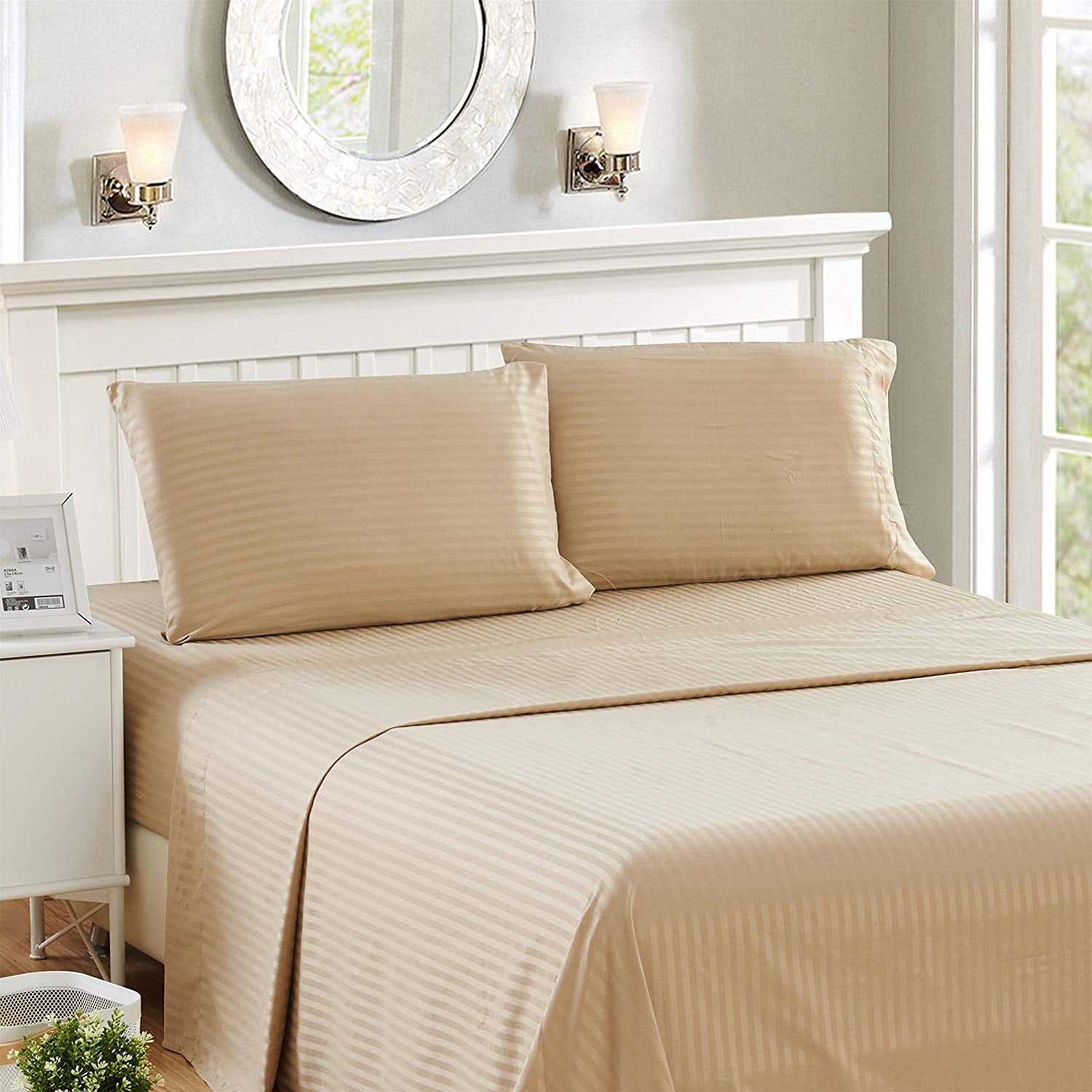 Stripes Bed Sheet Set (Queen, Taupe) 4 Pieces Deep Pocket 1800 Series