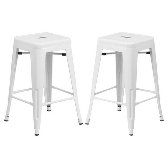 Home Square 24" Metal Backless Counter Stool in White - Set of 2