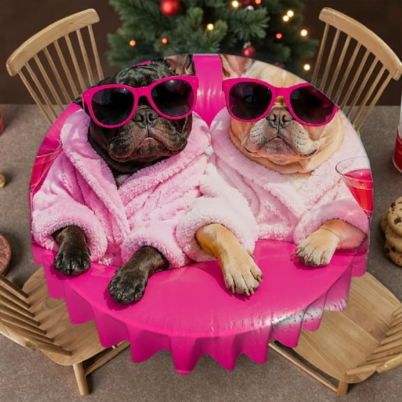 RKSupls 60 Inch Poolside Dogs Pink Float  Polyester Round Table Cover, Festive Round Table Setting -  Holiday-Themed Design  Soft, Wedding, Party, Holiday, Home Dining