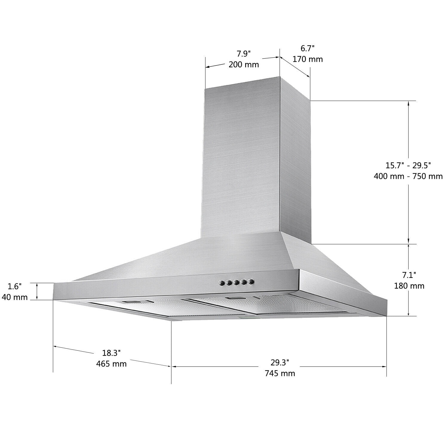 Wall Mount Range Hood 30 inch Stainless Steel Vent Hood w/ 3 Speeds Push Button Controls 450 CFM Stainless Steel Chimney-Style Over Stove Vent Hood with LED Light