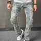 thumbnail image 5 of Pantalones vaqueros de longitud completa para hombre, azul claro, acolchados, rotos, con cremallera, lavados, elásticos, tendencia para exteriores, pantalones vaqueros para hombre., 5 of 9