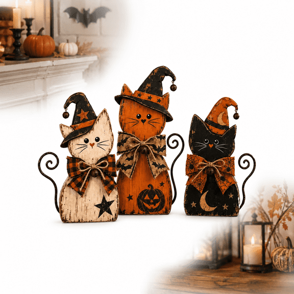 Set of 3 Halloween Wooden Cat Figurines, Rustic Witch Hat Tabletop Decor for Mantel, Shelf and Entryway